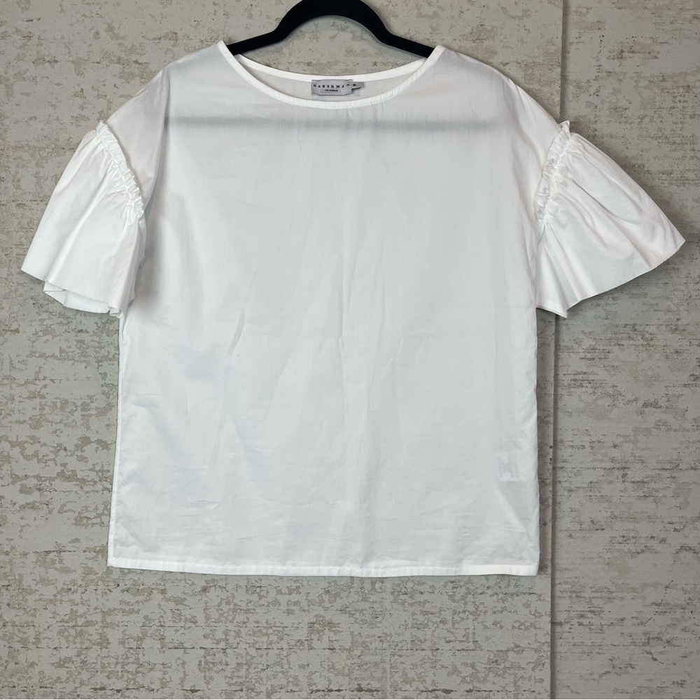 Harshman Womens Nagy White Blouse Medium Balloon Short Sleeve Summer Lightweight